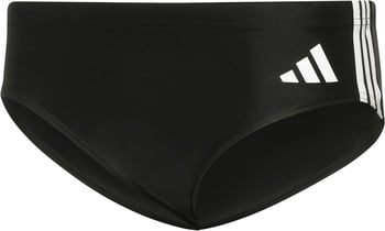 Schwarze Adidas Badehose mit weißem Logo und Streifen an der Seite.