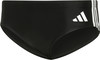 Schwarze Adidas Badehose mit weißem Logo und Streifen an der Seite.