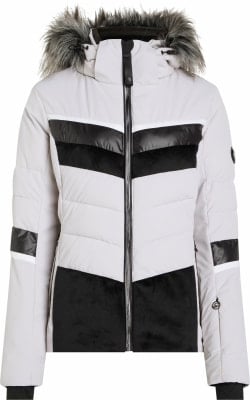 Graue Daunenjacke mit schwarzen und weißen Streifen und Pelzbesatz an der Kapuze.
