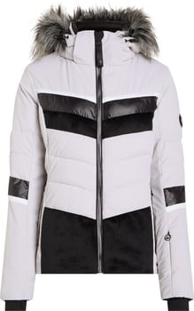 Graue Daunenjacke mit schwarzen und weißen Streifen und Pelzbesatz an der Kapuze.