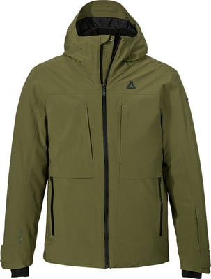 Grüne Skijacke mit Kapuze und schwarzem Reißverschluss, Logo auf der Brust. Grüne Skijacke mit Kapuze und schwarzem Reißverschluss, Logo auf der Brust.