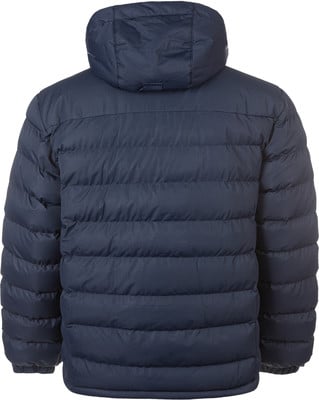 Rückansicht einer dunkelblauen Daunenjacke mit Kapuze und gestepptem Design.