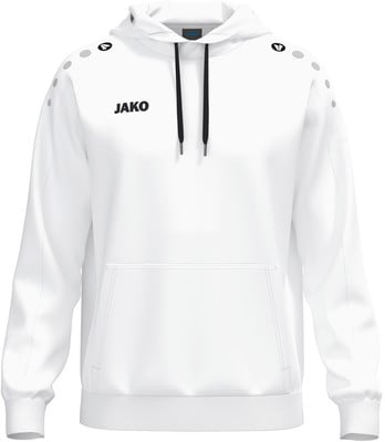 Weißer Kapuzenpullover mit schwarzen Kordeln und JAKO-Logo. Weißer Kapuzenpullover mit schwarzen Kordeln und JAKO-Logo.