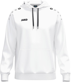 Weißer Kapuzenpullover mit schwarzen Kordeln und JAKO-Logo.