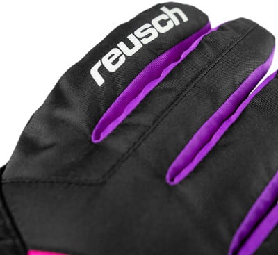 Schwarze Handschuhe mit violem Saum und Reusch-Logo. Schwarze Handschuhe mit violem Saum und Reusch-Logo.