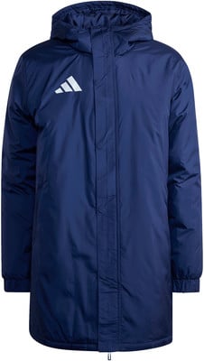 Dunkelblaue Jacke mit Kapuze und Adidas-Logo.
