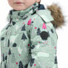 Kinder-Winterjacke mit Wald- und Tiermotiv, Kapuze und Fellbesatz.