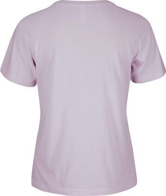 Damen-T-Shirt in hellem Lila mit kurzen Ärmeln, von hinten gezeigt.