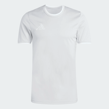 Graues Adidas T-Shirt mit weißem Logo auf der Brust und weißem Saum.