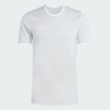 Graues Adidas T-Shirt mit weißem Logo auf der Brust und weißem Saum.