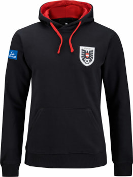 Schwarzer Hoodie mit rotem Futter und OFB-Logo.