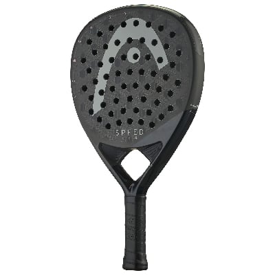 Schwarzer HEAD Speed Pro Tennisschläger mit grauem Logo und Muster. Schwarzer HEAD Speed Pro Tennisschläger mit grauem Logo und Muster.