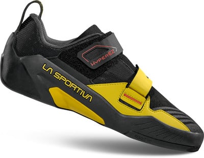 Ein La Sportiva Hyperz Kletterschuh in Schwarz und Gelb mit Klettverschluss. Ein La Sportiva Hyperz Kletterschuh in Schwarz und Gelb mit Klettverschluss.
