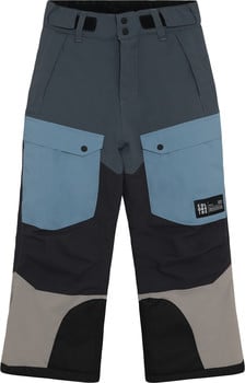 Graue Skihose mit blauen Taschen und schwarzen und beigen Elementen.