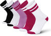 Fünf Paar gestreifte Socken in verschiedenen Farben mit weißem Bündchen.