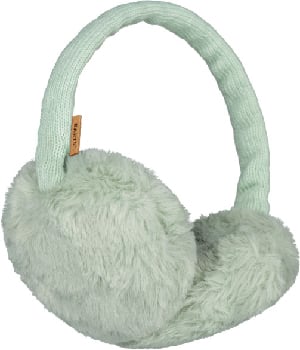 Hellgrüne Plüsch-Ohrenschützer mit gestricktem Kopfbügel und Lederetikett.