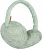 Hellgrüne Plüsch-Ohrenschützer mit gestricktem Kopfbügel und Lederetikett.