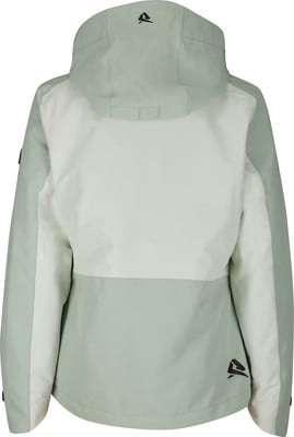 Rückseite einer hellgrünen Jacke mit weißem Streifen und Logo.