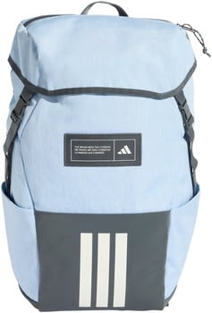 Hellblauer Adidas-Rucksack mit dunkelgrauen Details und drei Streifen.