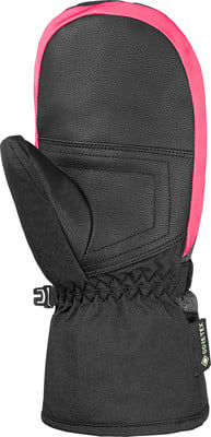 Schwarze Fäustlinge mit rosa Rand und Gore-Tex-Logo. Schwarze Fäustlinge mit rosa Rand und Gore-Tex-Logo.
