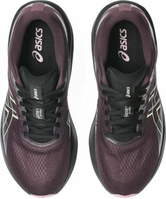 Damen-Laufschuhe von Asics in Dunkelviolett mit hellgelben Akzenten. Damen-Laufschuhe von Asics in Dunkelviolett mit hellgelben Akzenten.