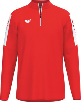 Rotes Sweatshirt mit weißen Ärmelstreifen und Logo.