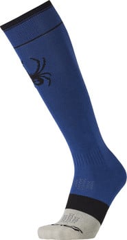 Blaue Kniestrümpfe mit schwarzem Spinnenlogo und schwarzem Streifen am Knöchel.