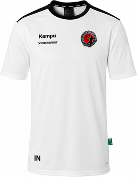 Weißes Sport-T-Shirt mit schwarzem Kragen und Vereinslogo auf der Brust.