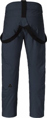 Dunkelblaue Skihose mit Hosenträgern und Logo am Bein. Dunkelblaue Skihose mit Hosenträgern und Logo am Bein.