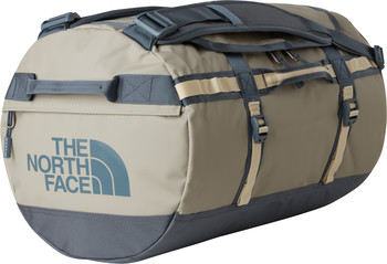 Beige The North Face Reisetasche mit blauem Logo und Gurten.