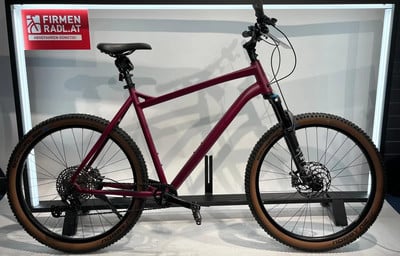 Ein Fahrrad mit einem weinroten Rahmen und braunen Rädern auf einem Ständer. Ein Fahrrad mit einem weinroten Rahmen und braunen Rädern auf einem Ständer.