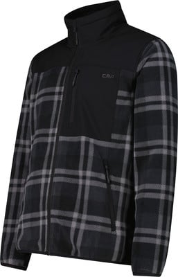 Schwarze Fleecejacke mit Karomuster und schwarzen Einsätzen.