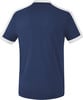 Rückansicht eines dunkelblauen T-Shirts mit weißen Streifen an den Ärmeln.