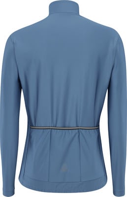 Rückansicht einer blauen Fahrradjacke mit reflektierendem Bund. Rückansicht einer blauen Fahrradjacke mit reflektierendem Bund.