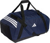 Dunkelblaue Adidas Sporttasche mit weißem Logo und Streifen.