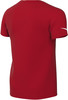 Ein rotes T-Shirt mit kurzen Ärmeln und einem weißen Logo auf dem rechten Ärmel.