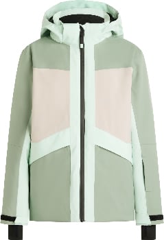 Grüne Damen-Skijacke mit pastellfarbenen Blöcken und Kapuze.