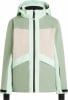 Grüne Damen-Skijacke mit pastellfarbenen Blöcken und Kapuze.