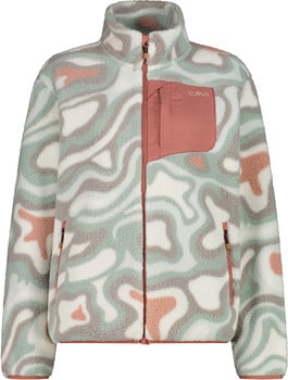 Fleecejacke mit buntem Muster und rosa Reißverschlusstasche.
