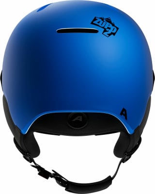 Blauer Skihelm mit Logo und verstellbarem Riemen. Blauer Skihelm mit Logo und verstellbarem Riemen.