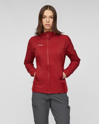 Rote Damenjacke mit Kapuze und grauer Hose.