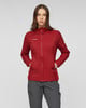 Rote Damenjacke mit Kapuze und grauer Hose.