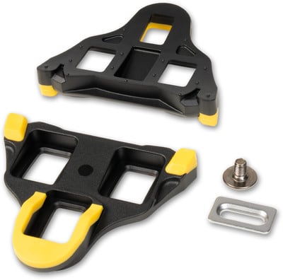 Zwei schwarze Fahrradklickpedale mit gelben Elementen und Montageschraube mit Unterlegscheibe. Zwei schwarze Fahrradklickpedale mit gelben Elementen und Montageschraube mit Unterlegscheibe.