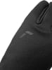 Schwarze Handschuhe mit einem dunklen T-förmigen Logo.