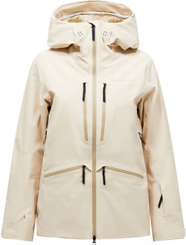 Beige Skijacke mit Kapuze und mehreren Reißverschlusstaschen.