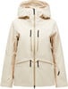 Beige Skijacke mit Kapuze und mehreren Reißverschlusstaschen.