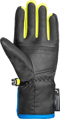 Schwarze Handschuhe mit neongelben und blauen Details und wasserdichter Oberfläche. Schwarze Handschuhe mit neongelben und blauen Details und wasserdichter Oberfläche.