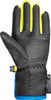 Schwarze Handschuhe mit neongelben und blauen Details und wasserdichter Oberfläche.