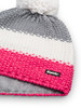 Gestrickte Bommelmütze, gestreift in Grau, Weiß und Pink.