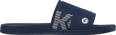 Dunkelblaue Herren-Slide-Sandale mit weißem Logo und Schriftzug. Dunkelblaue Herren-Slide-Sandale mit weißem Logo und Schriftzug.
